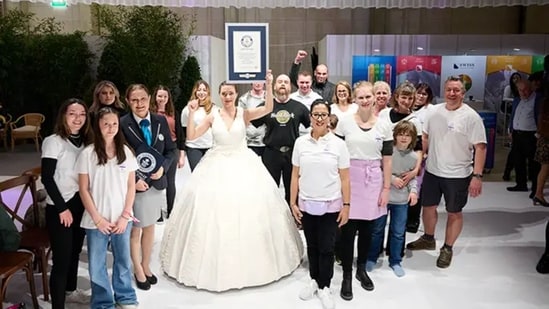 The image shows the largest wearable cake dress made by Natasha Coline Kim Fah Lee Fokas. (Guinness World Records)