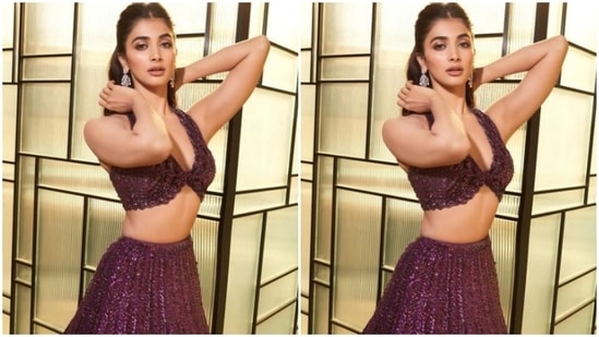 Styled by fashion stylist Tanya Ghavri, Pooja wore her tresses into a half bun and decked up in nude eyeshadow, black eyeliner, black kohl, mascara-laden eyelashes, drawn eyebrows, contoured cheeks and a shade of nude lipstick. (Instagram/@hegdepooja)