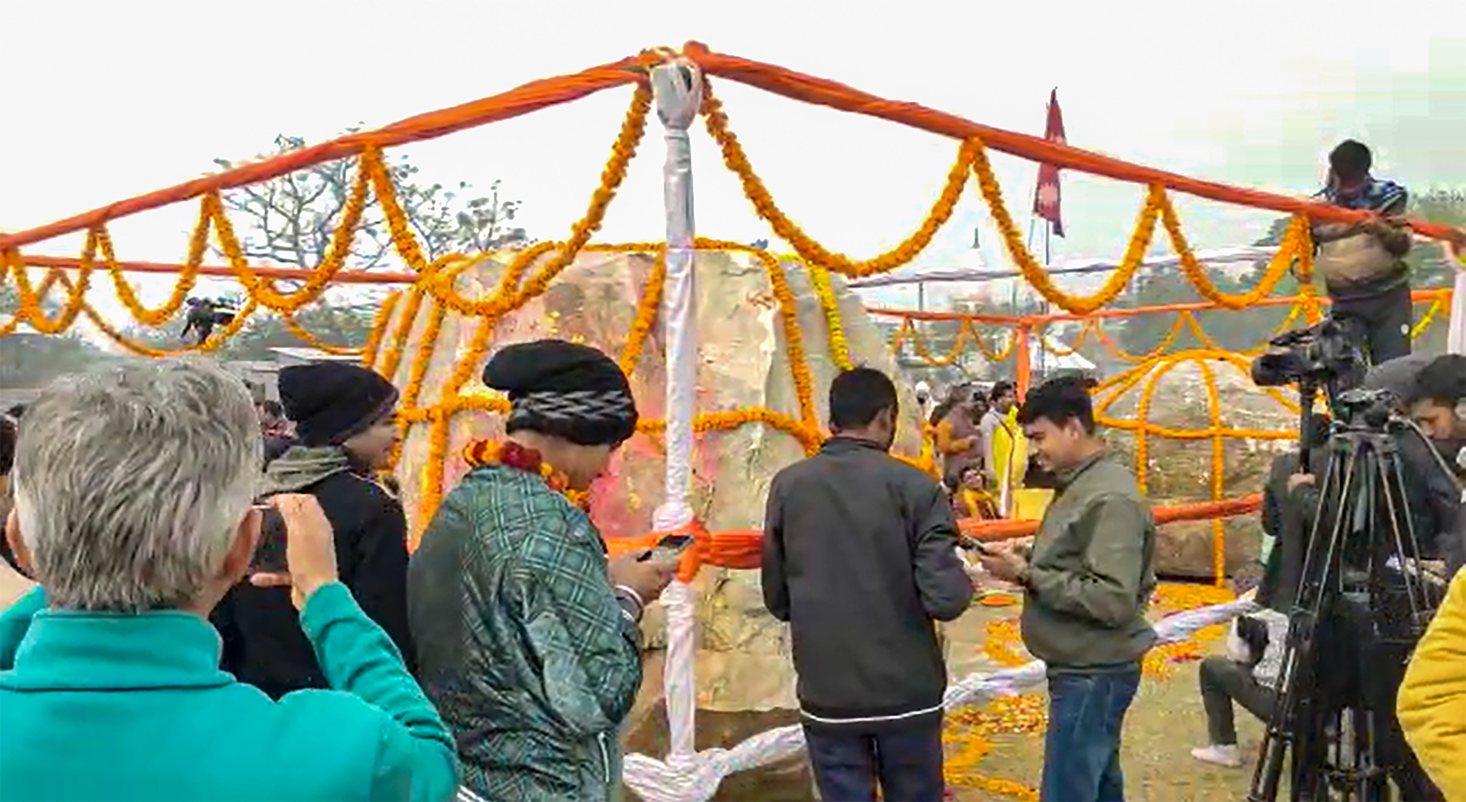 Devotees around the two Shaligram stones in Ayodhya that were dispatched from Nepal. (PTI)