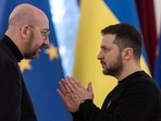Ukraine's President Volodymyr Zelenskiy and European Council President Charles Michel speak during EU summit, as Russia's attack on Ukraine continues, in Kyiv. 