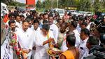 Karnataka Congress president DK Shivakumar participates in the party’s ‘Praja Dhwani Yatra’, in Kolar district on Friday. (PTI) Karnataka Congress president DK Shivakumar participates in the party’s ‘Praja Dhwani Yatra’, in Kolar district on Friday. (PTI)