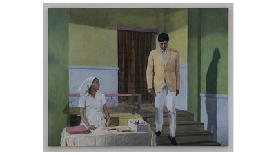 'Dr. Banerjee in Dr. Kulkarni's Nursing Home' 2020-2022. Amitabh Bachchan as Dr. Bhaskar Banerjee, in 'Anand,' 19711. Director Hrishikesh Mukherjee. (Courtesy Atul Dodiya / Chemould Prescott Road) 'Dr. Banerjee in Dr. Kulkarni's Nursing Home' 2020-2022. Amitabh Bachchan as Dr. Bhaskar Banerjee, in 'Anand,' 19711. Director Hrishikesh Mukherjee. (Courtesy Atul Dodiya / Chemould Prescott Road)