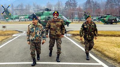 Chief of defence staff General Anil Chauhan accompanied by army’s Northern Command chief Lieutenant General Upendra Dwivedi visits the forward areas and hinterland formations of Jammu-Kashmir, on Thursday. (ANI Photo) (ANI)