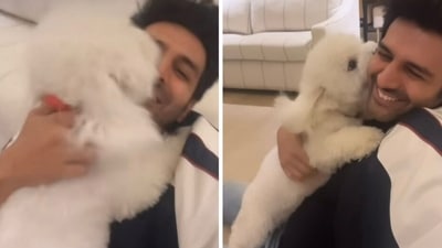Kartik Aaryan plays with pet Katori Aaryan.
