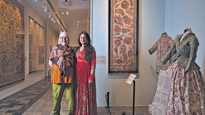Mumbai, India - February 02, 2023: Deepika Shah and Ebeltje Jonxis, pose for the photos at Chhatrapati Shivaji Maharaj Vastu Sangrahalaya, more famously known as Prince of Wales Museum, at Kala Ghoda, Fort, in Mumbai, India, on Thursday, February 02, 2023. (Photo by Anshuman Poyrekar/Hindustan Times) (Anshuman Poyrekar/HT PHOTO)