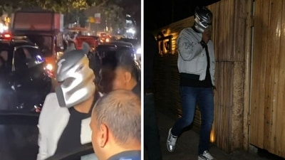 Raj Kundra wears a helmet at Shamita Shetty's birthday bash. Raj Kundra wears a helmet at Shamita Shetty's birthday bash.