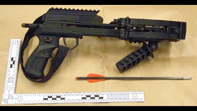 This undated photo released by the Crown Prosecution Service on Friday Feb. 3, 2023, shows a crossbow which Jaswant Singh Chail, 21, was carrying when arrested, after being caught in the grounds of Windsor Castle. Chail pleaded guilty to treason on Friday for planning to attack Queen Elizabeth II. (Crown Prosecution Service via AP) (AP) This undated photo released by the Crown Prosecution Service on Friday Feb. 3, 2023, shows a crossbow which Jaswant Singh Chail, 21, was carrying when arrested, after being caught in the grounds of Windsor Castle. Chail pleaded guilty to treason on Friday for planning to attack Queen Elizabeth II. (Crown Prosecution Service via AP) (AP)
