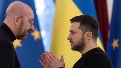 Ukraine's President Volodymyr Zelenskiy and European Council President Charles Michel speak during EU summit, as Russia's attack on Ukraine continues, in Kyiv. (via REUTERS)