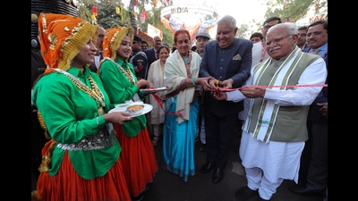 Vice-President Jagdeep Dhankhar with his wife Sudesh Dhankhar and Haryana Chief Minister Manohar Lal Khattar inaugurate the Surajkund mela 2023, at Surajkund, in Faridabad on Friday. (ANI)