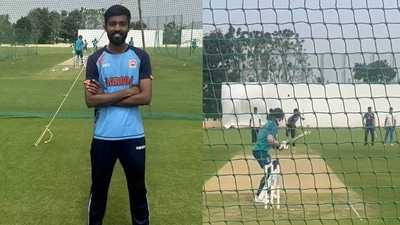 Mahesh Pithiya(left), Screengrab of Steve Smith playing him in nets (Twitter) Mahesh Pithiya(left), Screengrab of Steve Smith playing him in nets (Twitter)