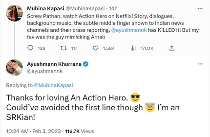 Ayushmann Khurrana's reply to a fan on Twitter.