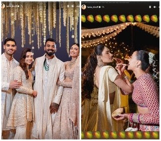 Athiya Shetty and KL Rahul pose with Ahan Shetty and his girlfriend Tania Shroff (left); Athiya with Tania at pre-wedding function (right). Athiya Shetty and KL Rahul pose with Ahan Shetty and his girlfriend Tania Shroff (left); Athiya with Tania at pre-wedding function (right).