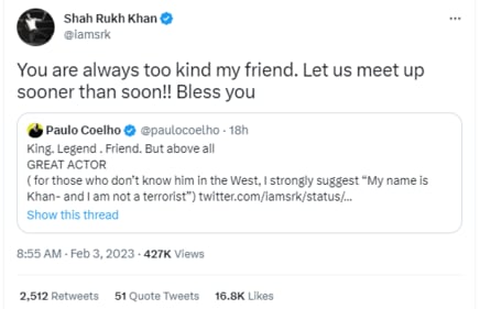 Shah Rukh Khan tweeted in response to Paulo Coelho's latest tweet praising him. Shah Rukh Khan tweeted in response to Paulo Coelho's latest tweet praising him.