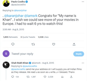 Paulo Coelho had praised Shah Rukh Khan and Karan Johar for their film My name is Khan after watching it in 2015. Paulo Coelho had praised Shah Rukh Khan and Karan Johar for their film My name is Khan after watching it in 2015.