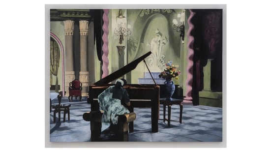 'Rita at the piano,' 2020-2022. Nargis as Rita in 'Awara,' 1951. Director Raj Kapoor.&nbsp;(Courtesy Atul Dodiya / Chemould Prescott Road)