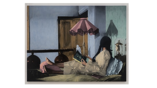 ‘Anuradha with sprained ankle,’ 2020-2022. Leela Naidu as Anuradha in 'Anuradha,' 1960. Director Hrishikesh Mukherjee.&nbsp;(Courtesy Atul Dodiya / Chemould Prescott Road)