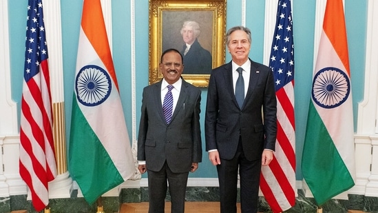 Washington, Feb 02 (ANI): National Security Advisor (NSA) Ajit Doval meets with United States Secretary of State Antony Blinken to exchange views on a wide range of global and regional issues of mutual interest and further strengthening the India-US Comprehensive Global Strategic Partnership, at the U.S. Department of State, in Washington on Wednesday. (ANI Photo)(Secretary Antony Blinken Twitter)