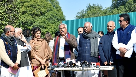 CPI MP Binoy Viswam in presence of Leader of Opposition and Congress party president Mallikarjun Kharge and other like-minded Opposition parties' leaders at a press conference in New Delhi on Thursday. (ANI)