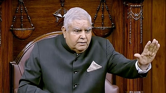 Rajya Sabha Chairman Jagdeep Dhankhar conducts proceedings of the House during the Budget Session of Parliament, in New Delhi on Friday. (ANI Photo/ SansadTV)