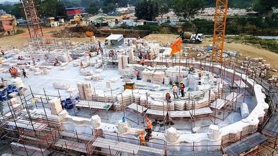 An aerial view of the under-construction Ram Janmabhoomi temple, in Ayodhya. (ANI)