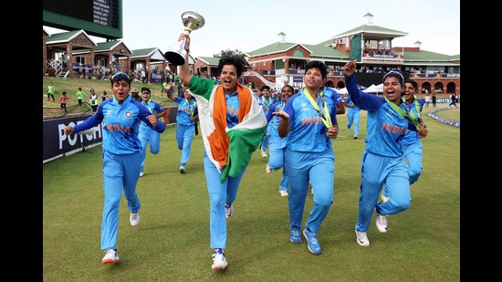 Captain Shafali Verma (at left) celebrates with her team after winning the inaugural ICC U19 Women’s T20 World Cup, in South Africa, on January 29. (ANI)