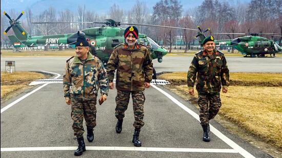 Chief of defence staff General Anil Chauhan accompanied by army’s Northern Command chief Lieutenant General Upendra Dwivedi visits the forward areas and hinterland formations of Jammu-Kashmir, on Thursday. (ANI Photo) (ANI)