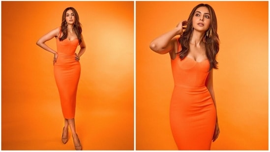 Rakul Preet stuns in figure flattering orange bodycon dress