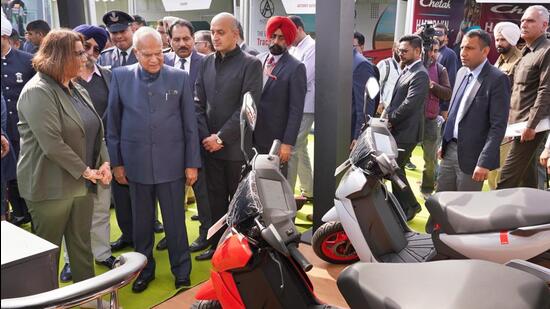 UT administrator Banwarilal Purohit at the Electric Vehicle Expo 2023 in Chandigarh on Friday. (HT Photo)