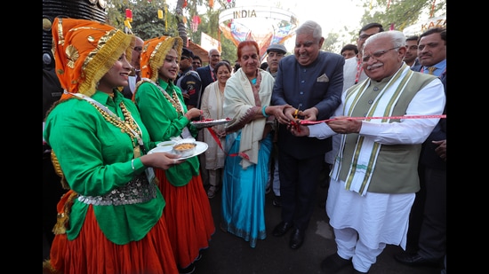 Vice-President Jagdeep Dhankhar with his wife Sudesh Dhankhar and Haryana Chief Minister Manohar Lal Khattar inaugurate the Surajkund mela 2023, at Surajkund, in Faridabad on Friday. (ANI)