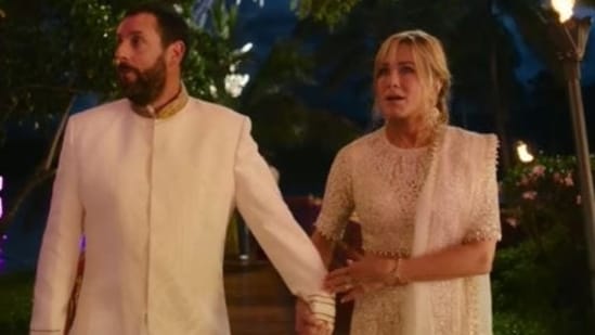 The Just Go With It duo, Jennifer Aniston and Adam Sandler are reuniting with Murder Mystery 2. The trailer of the film was recently released and fans couldn't keep calm after spotting the F.R.I.E.N.D.S star in an ivory lehenga by Indian designer Manish Malhotra.&nbsp;(File Photo)