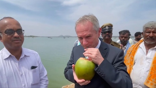 UNGA President Csaba Korosi at the KC valley wastewater management project in Karnataka on Wednesday.(@UN_PGA/Twitter)