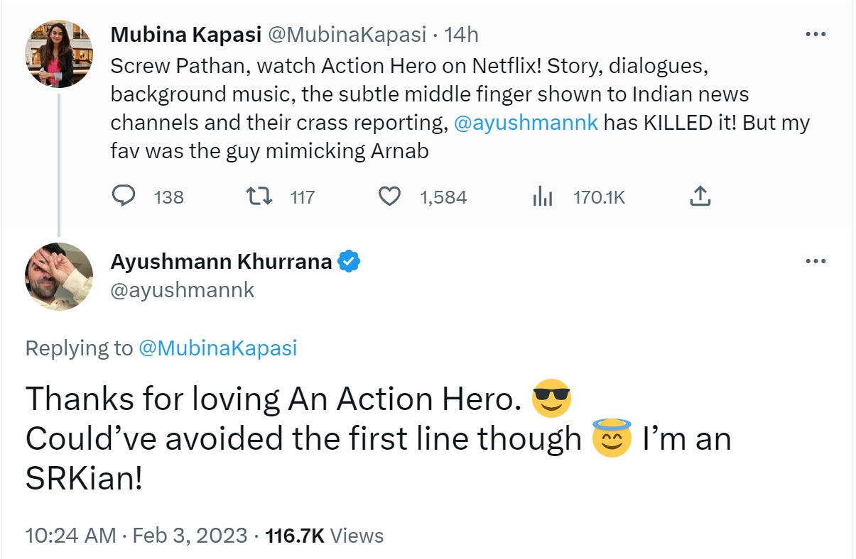 Ayushmann Khurrana's reply to a fan on Twitter.
