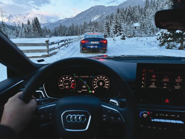 You get to drive both the new Audi RS e-tron GT and the Audi RS 5 on a wide, long, flat ice field You get to drive both the new Audi RS e-tron GT and the Audi RS 5 on a wide, long, flat ice field