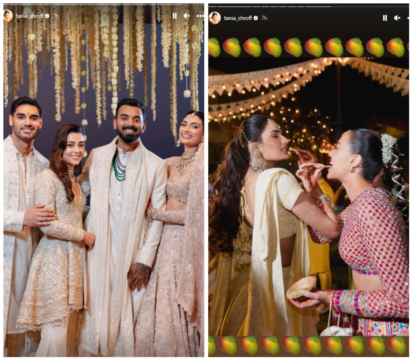 Athiya Shetty and KL Rahul pose with Ahan Shetty and his girlfriend Tania Shroff (left); Athiya with Tania at pre-wedding function (right).