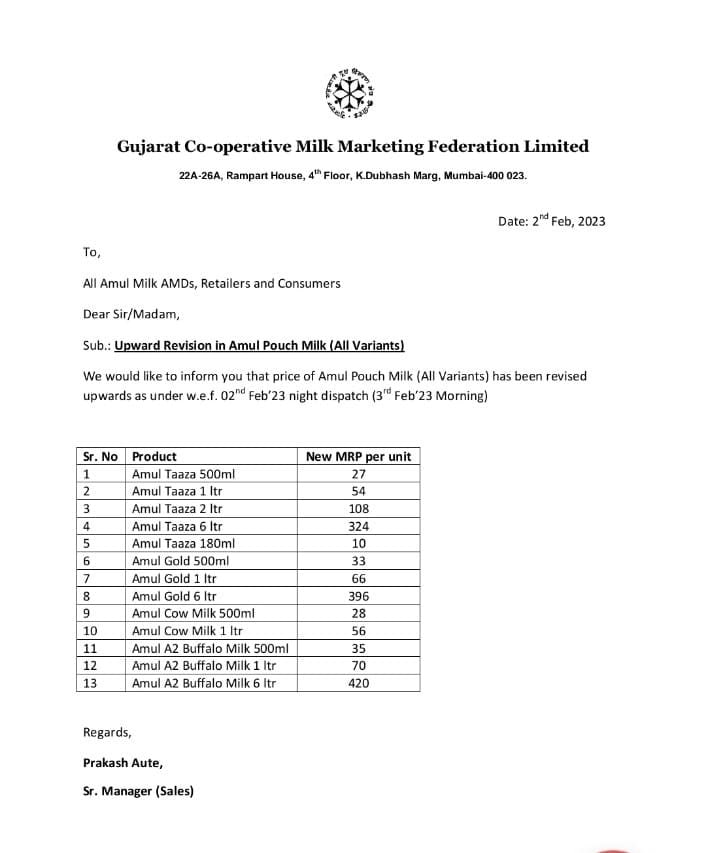 Revised Amul milk prices.