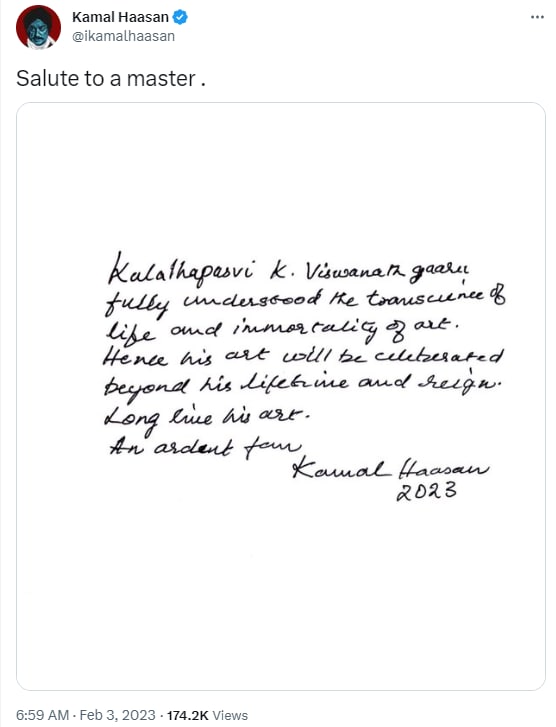 Kamal Haasan remembers late filmmaker K Viswanath.