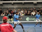 Rohan Bopanna, center, and Yuki Bhambri, right, of India in action during the Davis Cup double tennis match between Johannes Ingildsen and Holger Rune of Denmark against Yuki Bhambri and Rohan Bopanna of India, in Hilleroed, Denmark, Saturday, Feb. 4, 2023. (AP) Rohan Bopanna, center, and Yuki Bhambri, right, of India in action during the Davis Cup double tennis match between Johannes Ingildsen and Holger Rune of Denmark against Yuki Bhambri and Rohan Bopanna of India, in Hilleroed, Denmark, Saturday, Feb. 4, 2023. (AP)