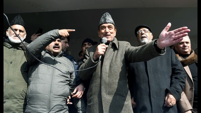 Democratic Azad Party (DAP) Chairman Ghulam Nabi Azad addresses the supporters during a protest against the state government's ongoing anti-encroachment and eviction drive in Jammu & Kashmir, at party office, in Srinagar on Saturday. (ANI) Democratic Azad Party (DAP) Chairman Ghulam Nabi Azad addresses the supporters during a protest against the state government's ongoing anti-encroachment and eviction drive in Jammu & Kashmir, at party office, in Srinagar on Saturday. (ANI)