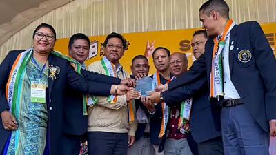 NPP president and Meghalaya chief minister Conrad K Sangma released the party’s election manifesto in Jowai on Friday. (ANI) NPP president and Meghalaya chief minister Conrad K Sangma released the party’s election manifesto in Jowai on Friday. (ANI)