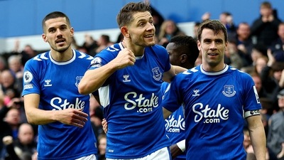 Everton's James Tarkowski celebrates scoring their first goal with Conor Coady and Seamus Coleman (REUTERS)