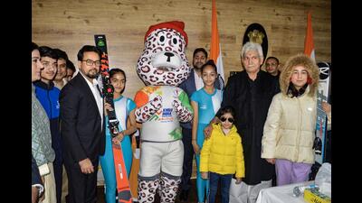 Union minister of youth affairs and sports Anurag Singh Thakur and J&K L-G during the launch of the mascot, anthem and jersey of the 3rd edition of Khelo India Winter Games on Saturday. (PTI)