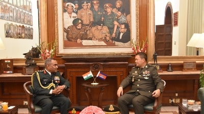 On the interaction between the two officials, the Defence ministry said in a statement that Indian Army will be conducting ‘tailor-made courses in various contemporary subjects at its premier training establishments and deploy a Training team to Cambodia', affirming India's support. On the interaction between the two officials, the Defence ministry said in a statement that Indian Army will be conducting ‘tailor-made courses in various contemporary subjects at its premier training establishments and deploy a Training team to Cambodia', affirming India's support.