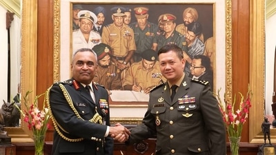 Chief of Army Staff, General Manoj Pande met with Lt Gen Hun Manet, Deputy Commander-in-Chief, Royal Cambodian Armed Forces & Commander, Royal Cambodian Army, and ‘Terms of Reference’ for Staff Talks between the two Armies were signed on Friday. (Indian Army Twitter) Chief of Army Staff, General Manoj Pande met with Lt Gen Hun Manet, Deputy Commander-in-Chief, Royal Cambodian Armed Forces & Commander, Royal Cambodian Army, and ‘Terms of Reference’ for Staff Talks between the two Armies were signed on Friday. (Indian Army Twitter)