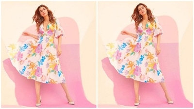 Kriti Sanon gave her fans a weekend treat as she shared a series of pictures of herself dressed in a multi coloured floral midi dress and captioned it “Spring it on!”. (Instagram/@Kritisanon) Kriti Sanon gave her fans a weekend treat as she shared a series of pictures of herself dressed in a multi coloured floral midi dress and captioned it “Spring it on!”. (Instagram/@Kritisanon)