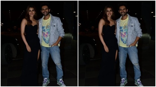 Kartik and Kriti posed for the cameras. (HT Photos/Varinder Chawla) Kartik and Kriti posed for the cameras. (HT Photos/Varinder Chawla)