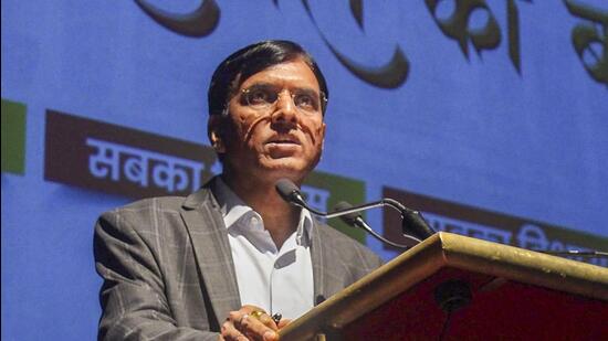 Gurugram: Union Health Minister Mansukh Mandaviya speaks during a post-budget discussion, in Gurugram, Saturday, Feb. 4, 2023. (PTI Photo)(PTI02_04_2023_000154B) (PTI)