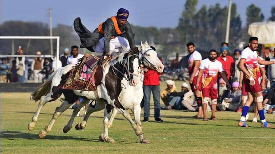 Performers taking centre stage on the second day of the Kila Raipur Games in Ludhiana on Saturday. (Gurpreet Singh/HT)