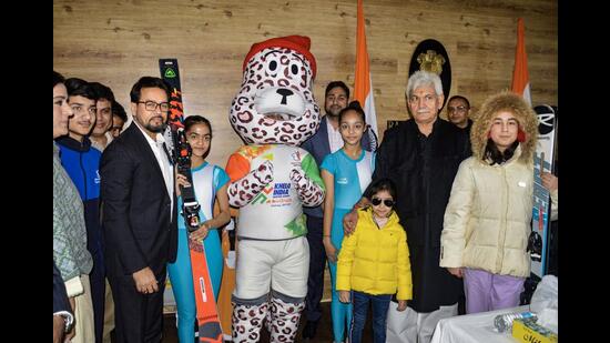 Union minister of youth affairs and sports Anurag Singh Thakur and J&K L-G during the launch of the mascot, anthem and jersey of the 3rd edition of Khelo India Winter Games on Saturday. (PTI)