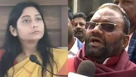 BJP MP Sanghmitra Maurya (L) and senior SP leader Swami Prasad Maurya. BJP MP Sanghmitra Maurya (L) and senior SP leader Swami Prasad Maurya.