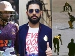 Pakistan all-rounder Iftikhar Ahmed; Yuvraj Singh; Screengrab of Iftikhar hitting six sixes moment
